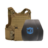 Tan M.O.D. carrier with two shooters cut steel body armor plates with standard coating