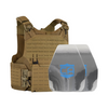 Tan M.O.D. carrier with two shooters cut steel body armor plates with protecting PolyShield anti-spall coating