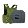 Green M.O.D. carrier with two AV2 SAPI cut steel plates featuring protective PolyShield Spall Coating