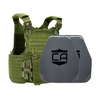 Green M.O.D. carrier with two AV2 shooters cut steel plates featuring protective PolyShield Spall Coating