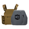 Brown Recon Tactical carrier with two AV2 shooters cut steel plates featuring protective PolyShield Spall Coating