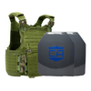 Green M.O.D. carrier with two HX Speed Plates, SAPI cut UHMWPE plates with waterproof coating