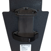 Close up of backside of black 15" x 25" Caliber Armor Pistol rated Level IIIA HG2 Ballistic Shield with handle in the center, padded arm rest & quick release strap on a white background