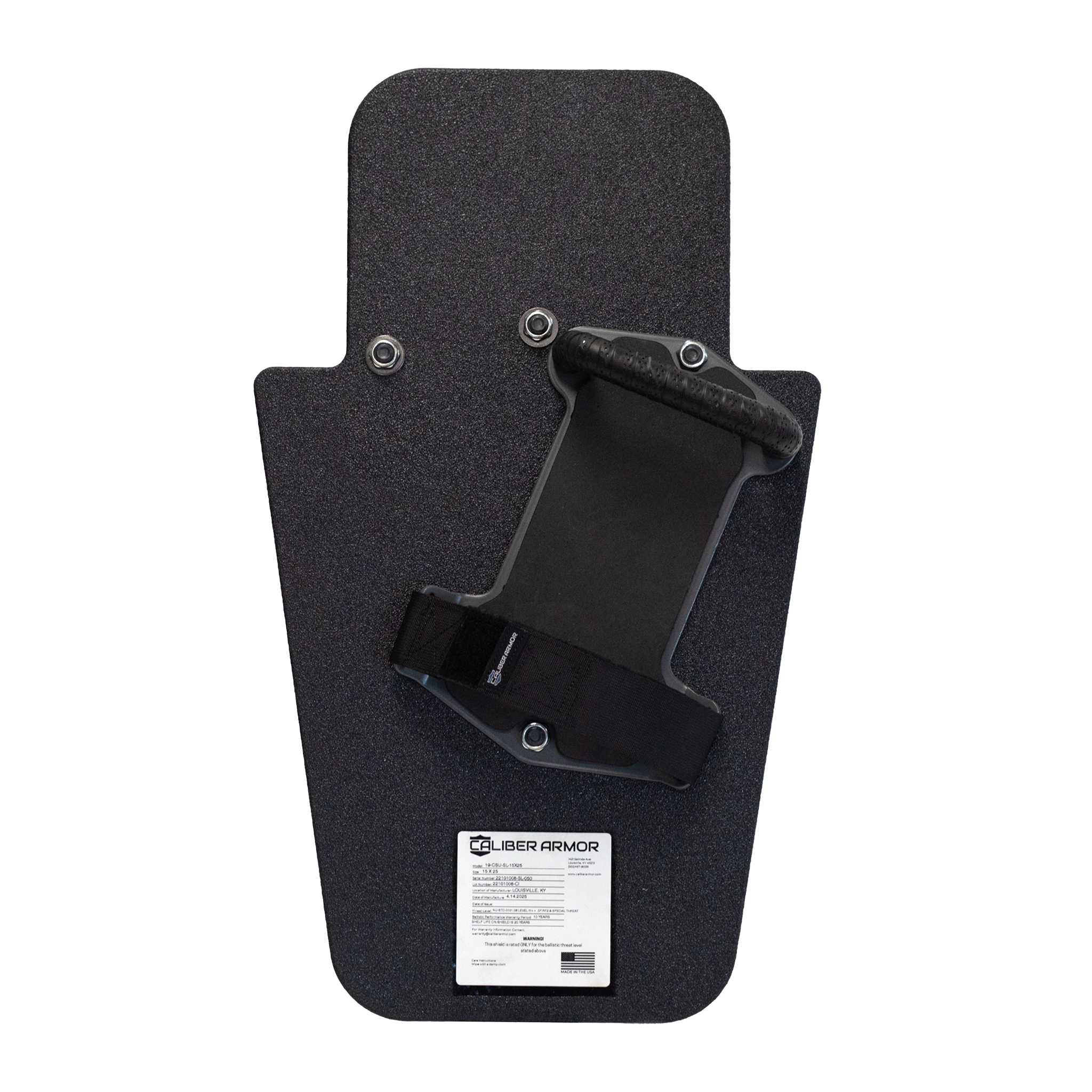Back of black 15" x 25" Caliber Armor Rifle rated Level III+ RF2 Ballistic Shield with pivoting handle mounted in the for left handed use  or a right handed shooter featuring padded armrest with retention strap on a white background