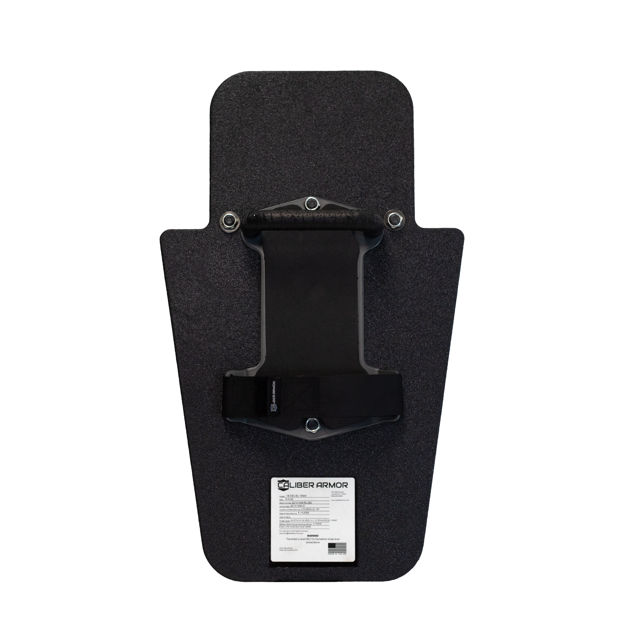 Back of black 15" x 25" Caliber Armor Rifle rated Level III+ RF2 Ballistic Shield with pivoting handle mounted in the center position & padded armrest with retention strap on a white background