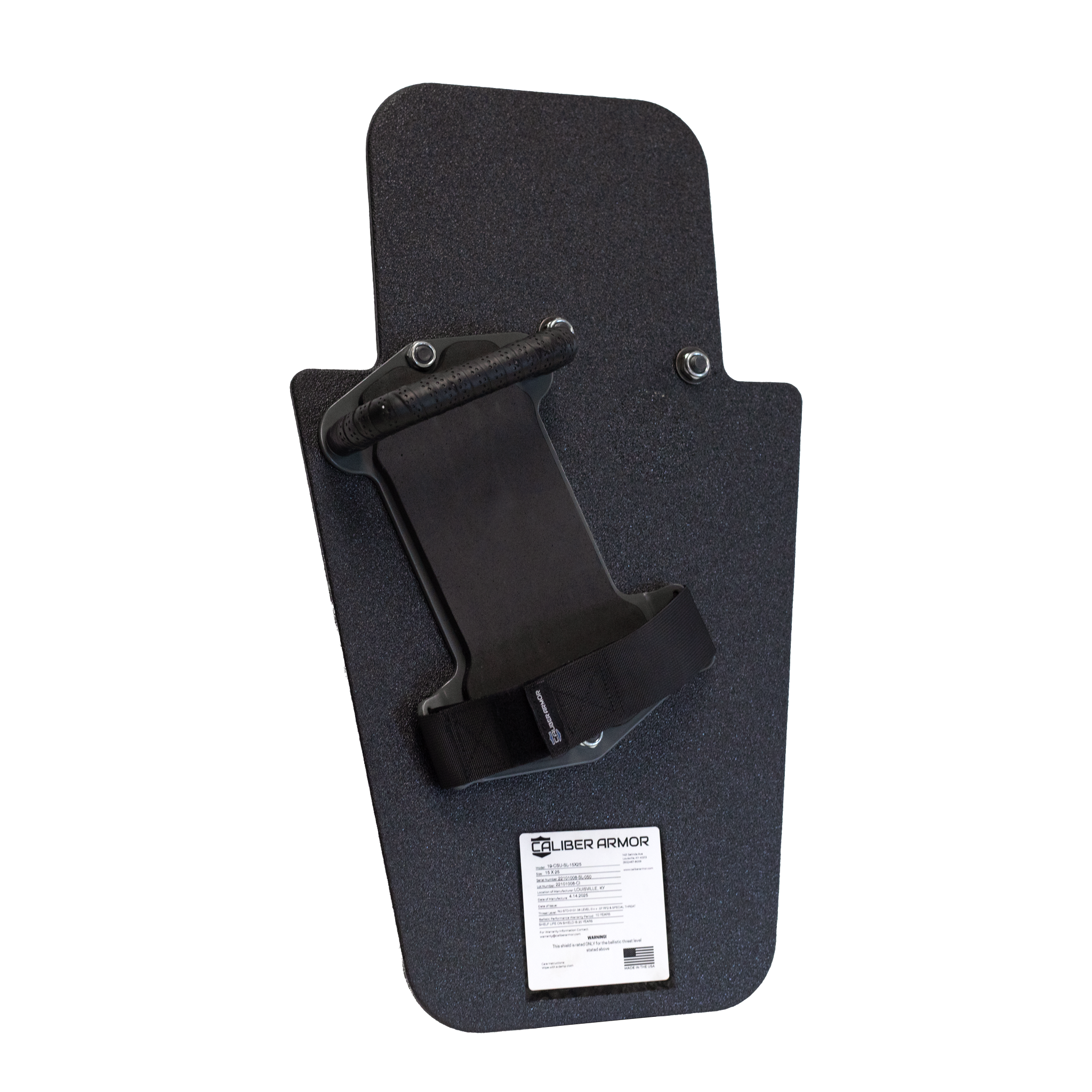Back of black 15" x 25" Caliber Armor Rifle rated Level III+ RF2 Ballistic Shield with pivoting handle mounted in the for right handed use or a left handed shooter featuring padded armrest with retention strap on a white background
