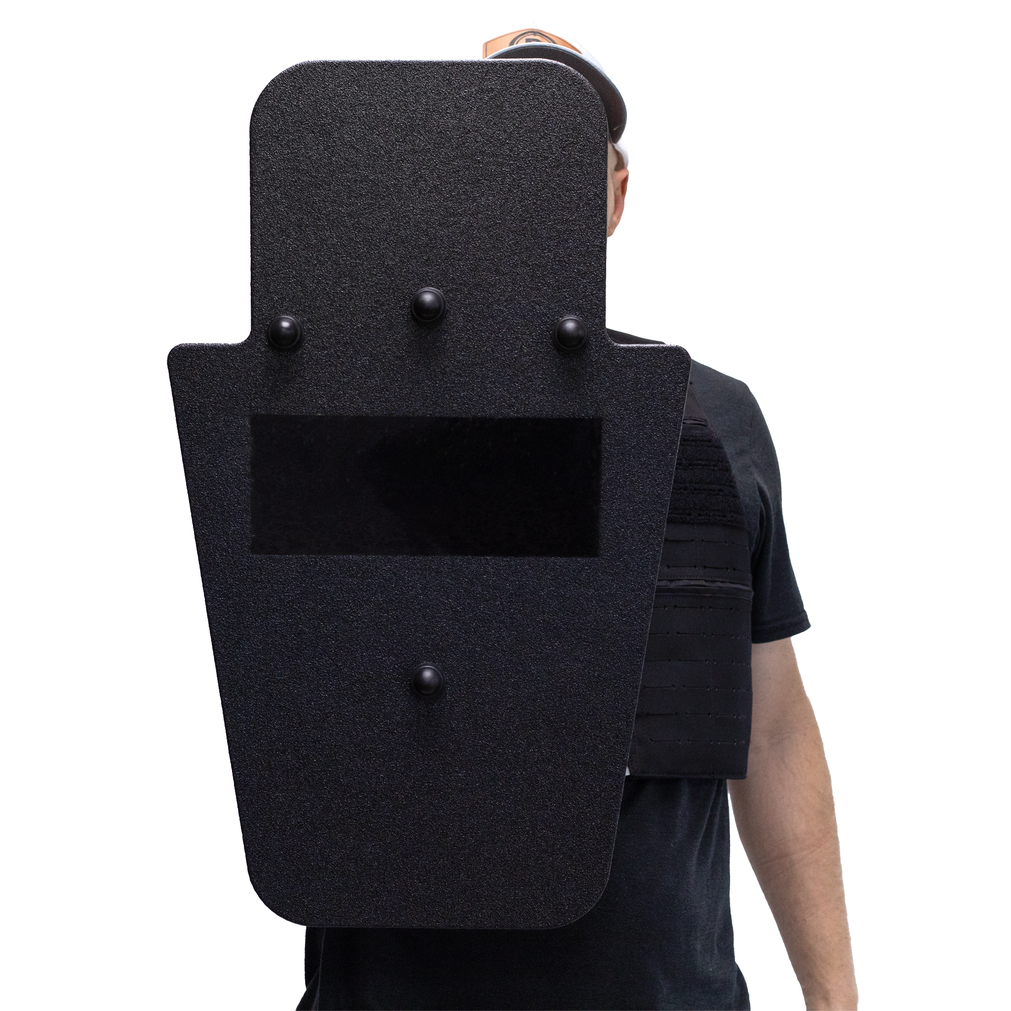 Front of black 15" x 25" Caliber Armor Rifle rated Level III+ RF2 Ballistic Shield with pivoting handle held by a man a white background