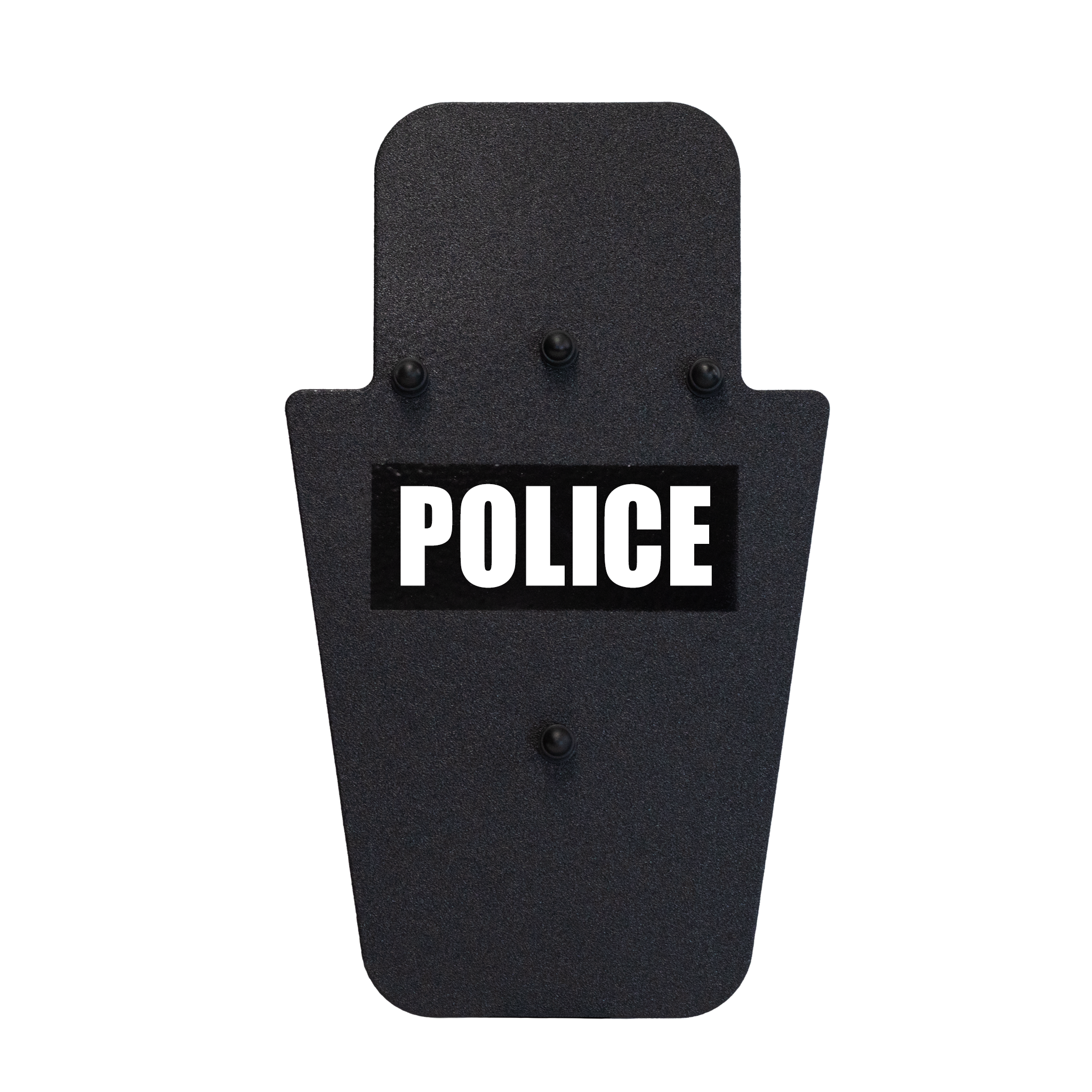 Front of black 15" x 25" Caliber Armor Rifle rated Level III+ RF2 Ballistic Shield with 3 position handle & text of "police" in white on a white background