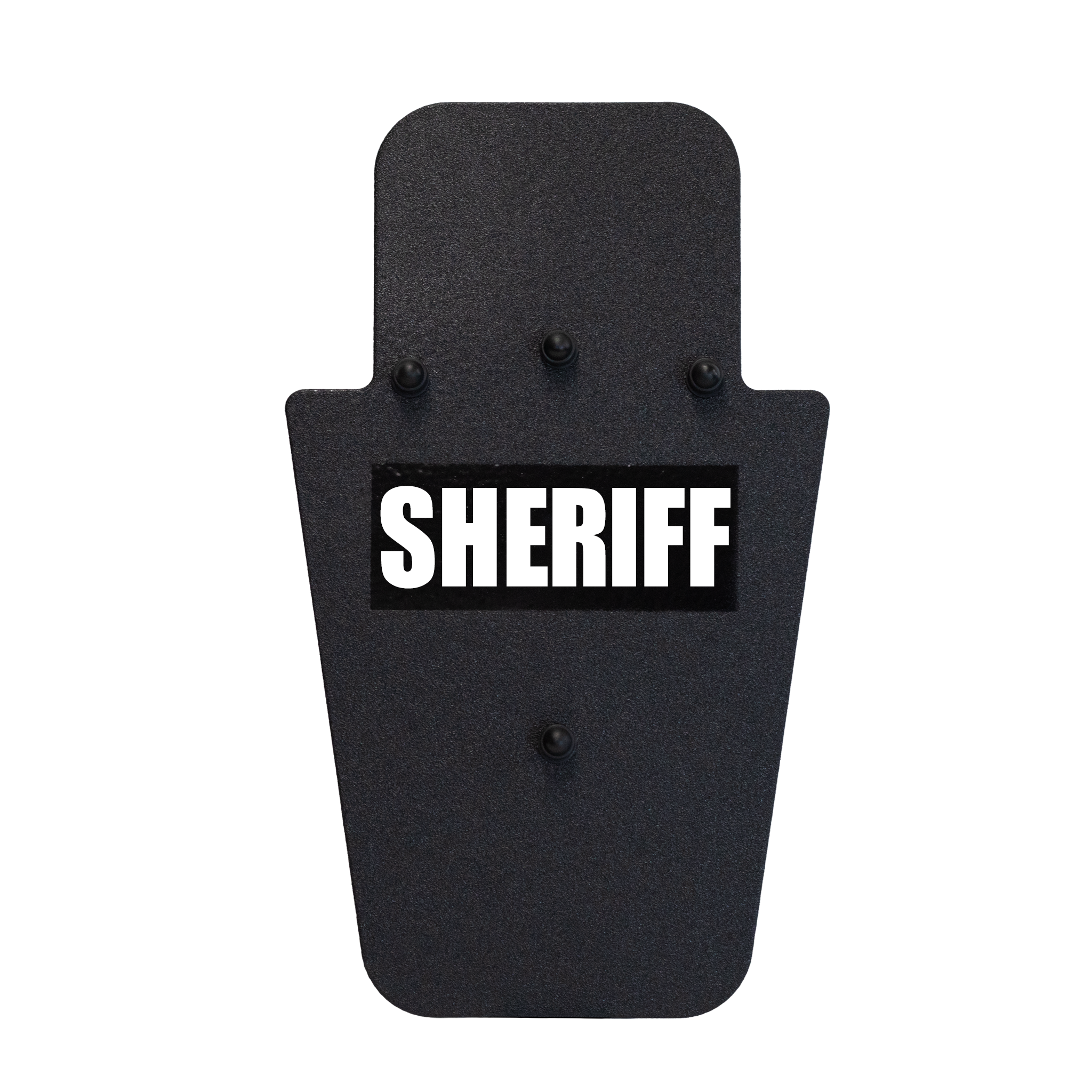 Front of black 15" x 25" Caliber Armor Rifle rated Level III+ RF2 Ballistic Shield with 3 position handle & text of "sheriff" in white on a white background