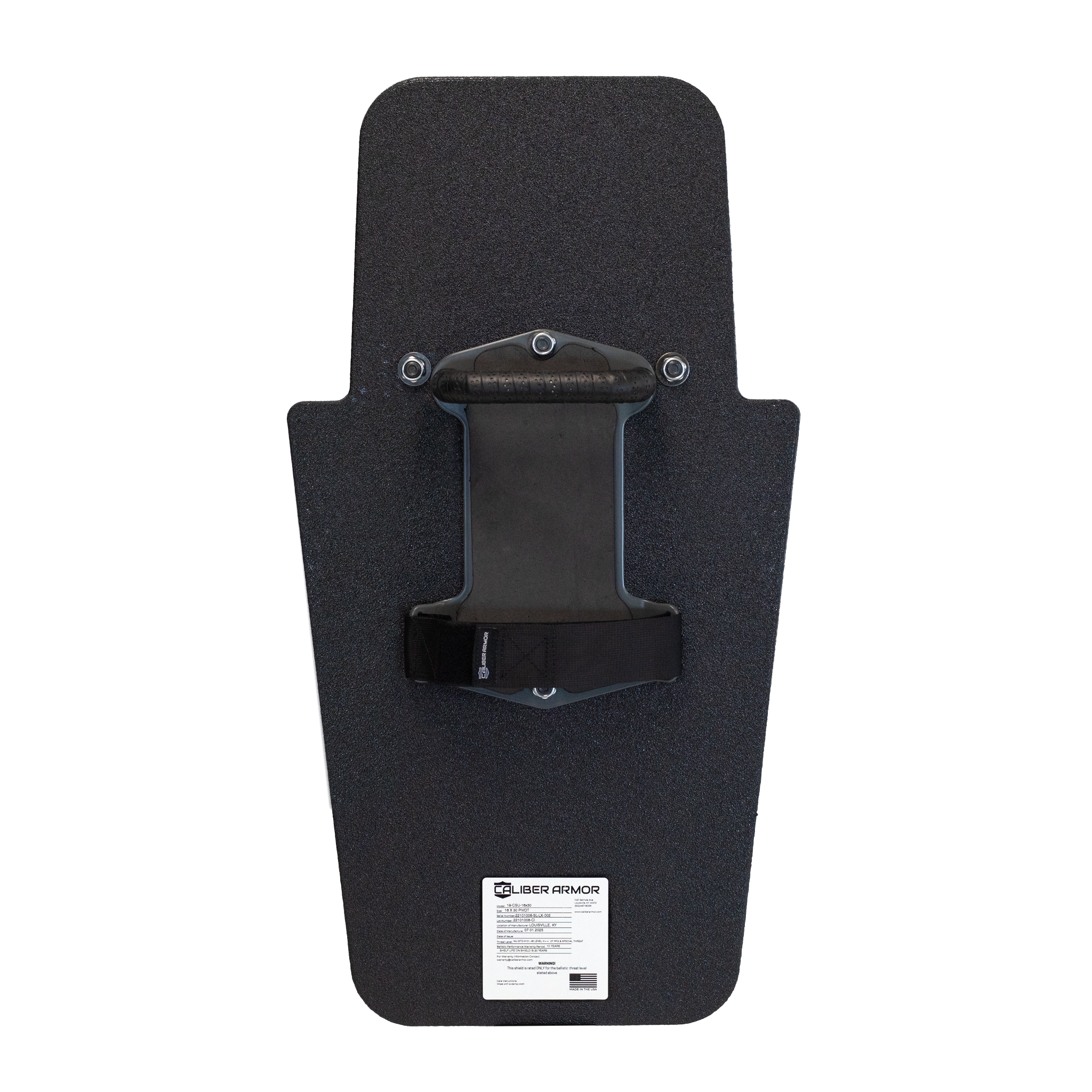 Backside of black 16" x 30" Caliber Armor Rifle rated Level III+ RF2 Ballistic Shield with three position handle in the center position on a white background