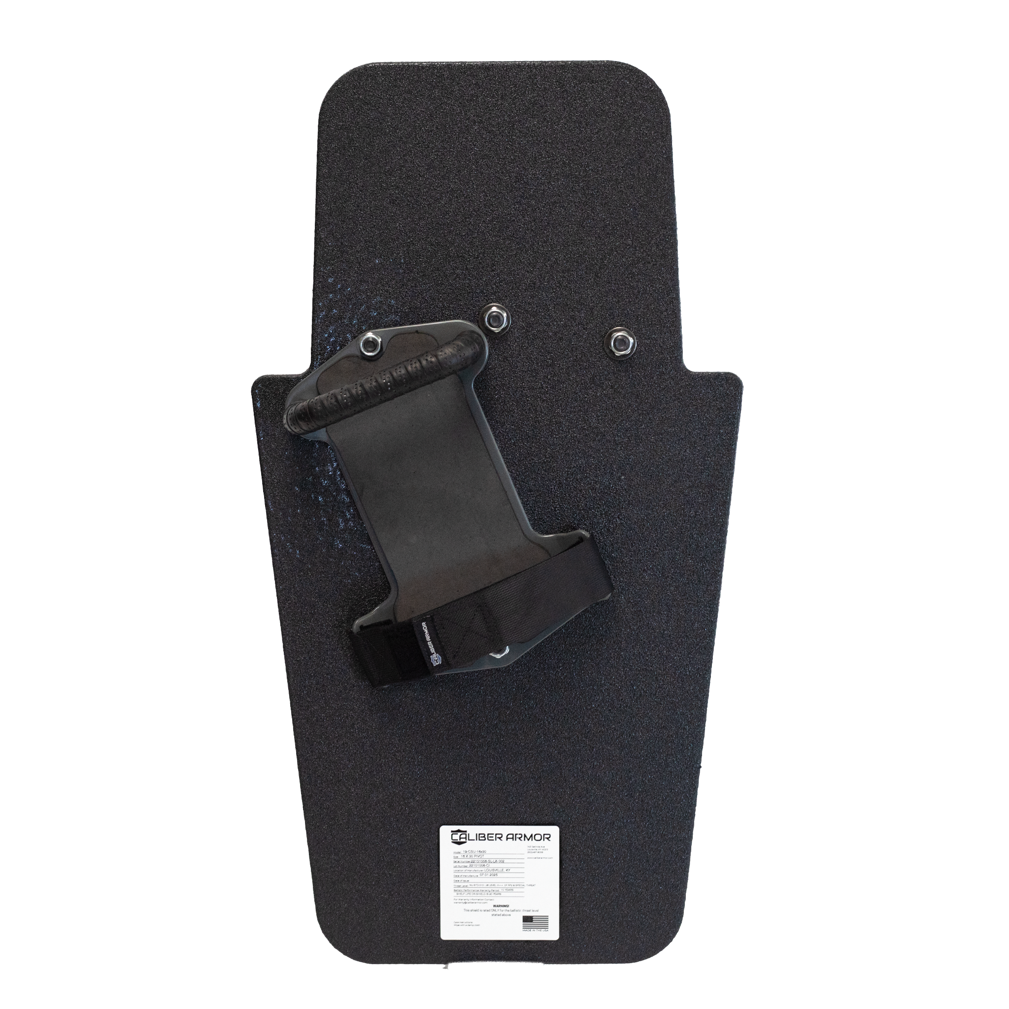 Backside of black 16" x 30" Caliber Armor Rifle rated Level III+ RF2 Ballistic Shield with three position handle setup for right handed use, for a left handed shooter on a white background