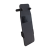 Angled front view of black 8" x 17" Caliber Armor Rifle rated Level III+ RF2 Ballistic Shield on a white background showing the hardware caps & a slight view of the back handle components