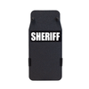 Black 8" x 17" Caliber Armor Rifle rated Level III+ RF2 Ballistic Shield with the text "Sheriff" written in white words
