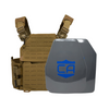 Tan recon tactical carrier with a shooters & SAPI cut maritime UHMWPE plates