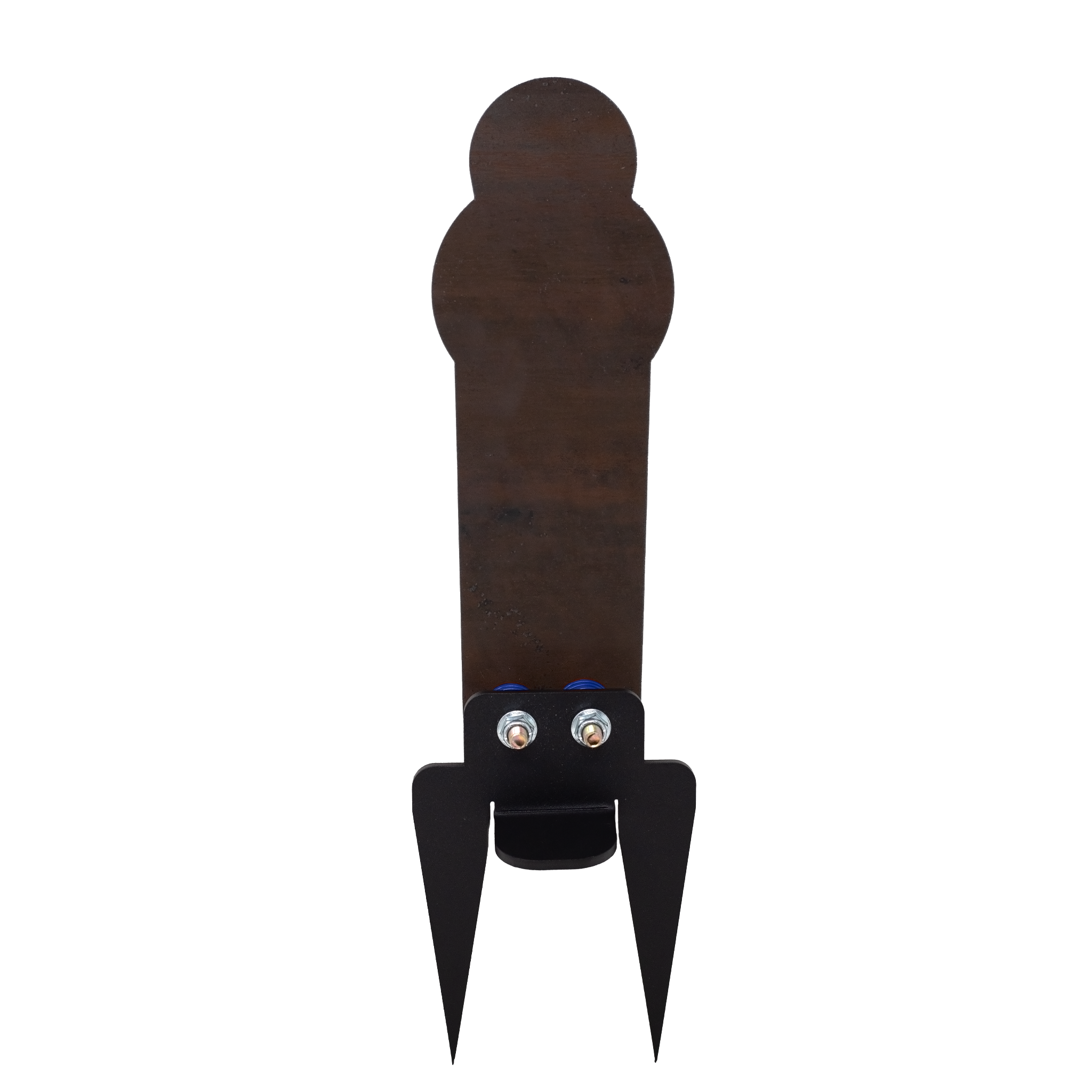 Backside of raw 12" steel popper ground take target assembled on white background