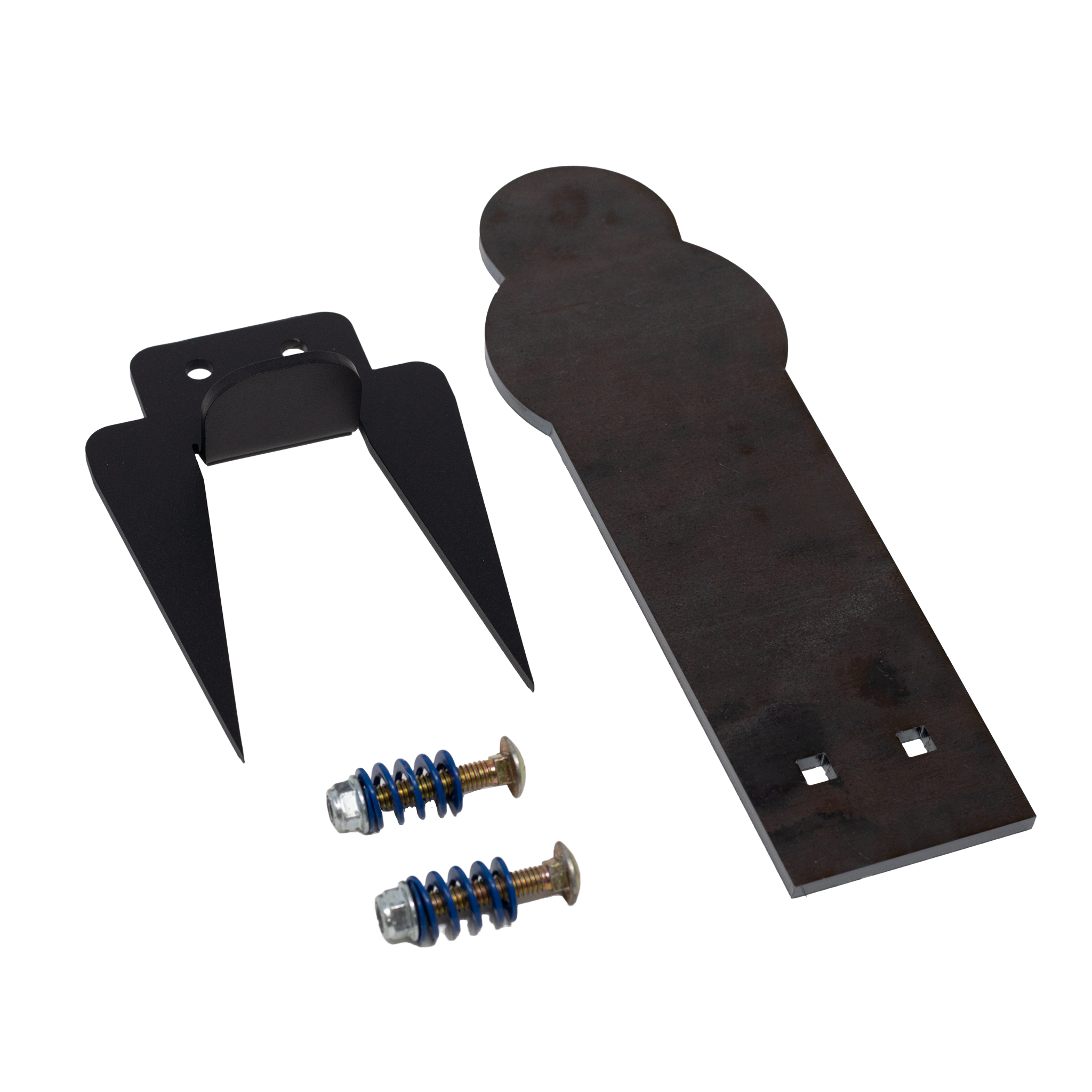 Unassembled raw 12" steel popper target, ground stake, & hardware