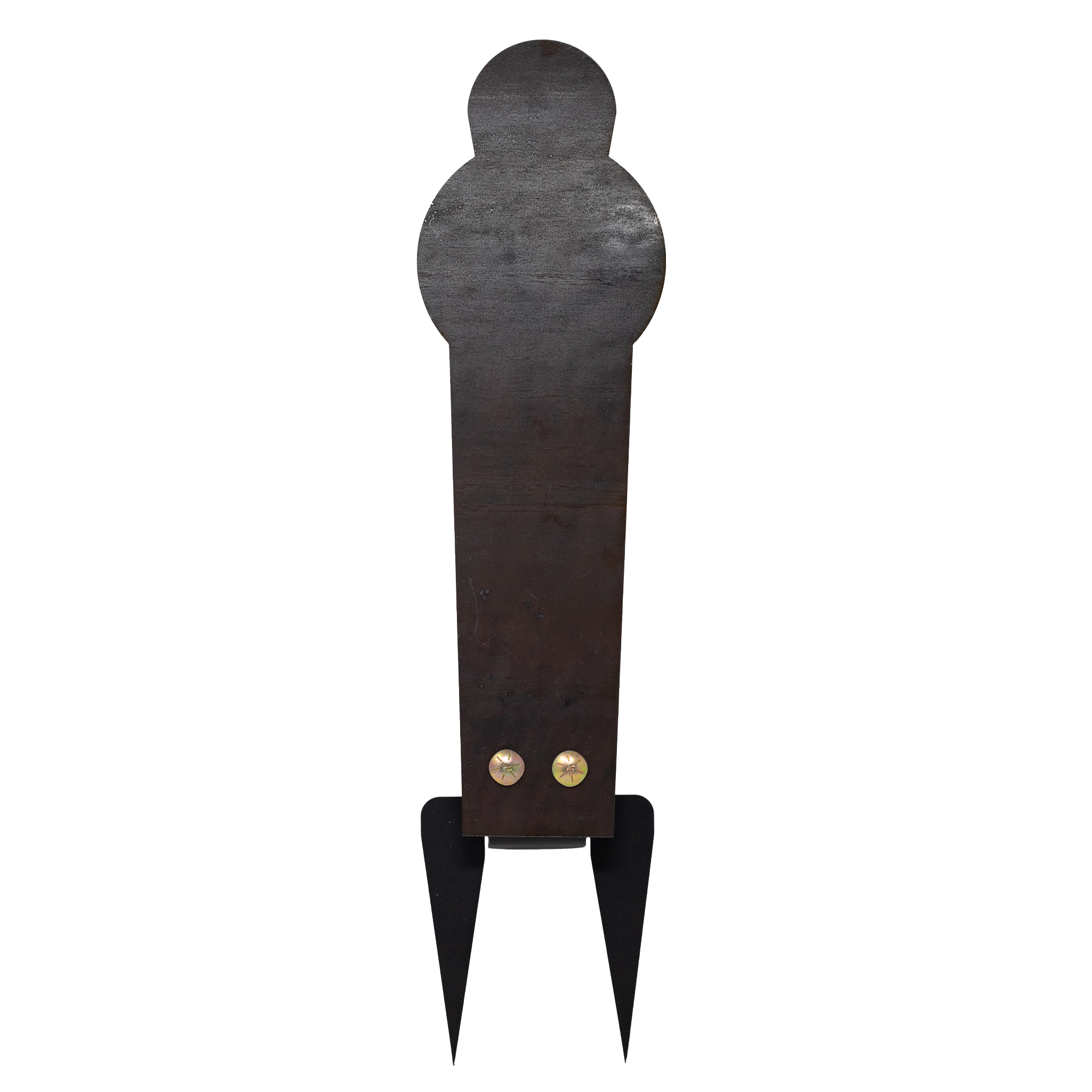 Raw 16" steel popper ground stake target assembled on white background