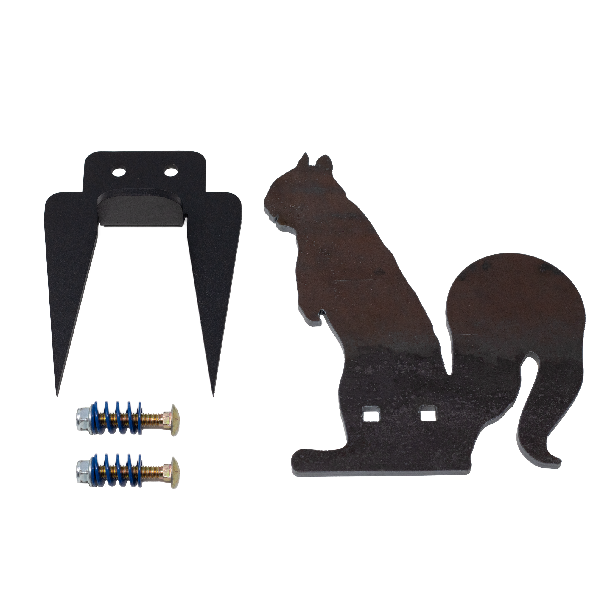 Unassembled Raw squirrel-shaped steel target with ground stake and hardware