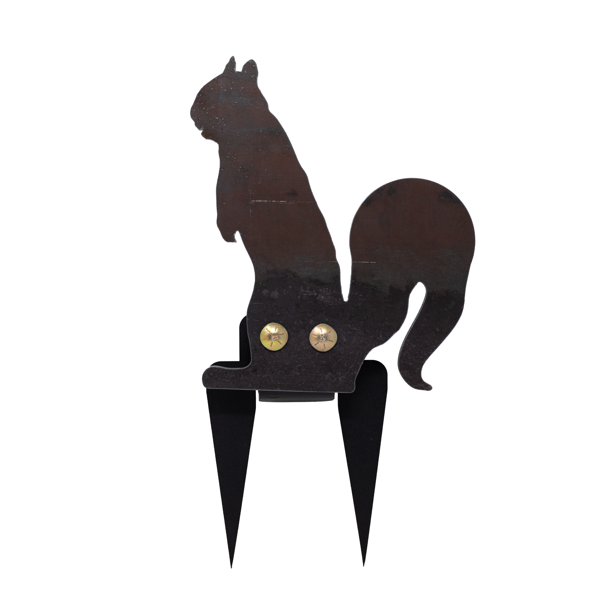 Raw squirrel-shaped steel target on ground stake on a white background