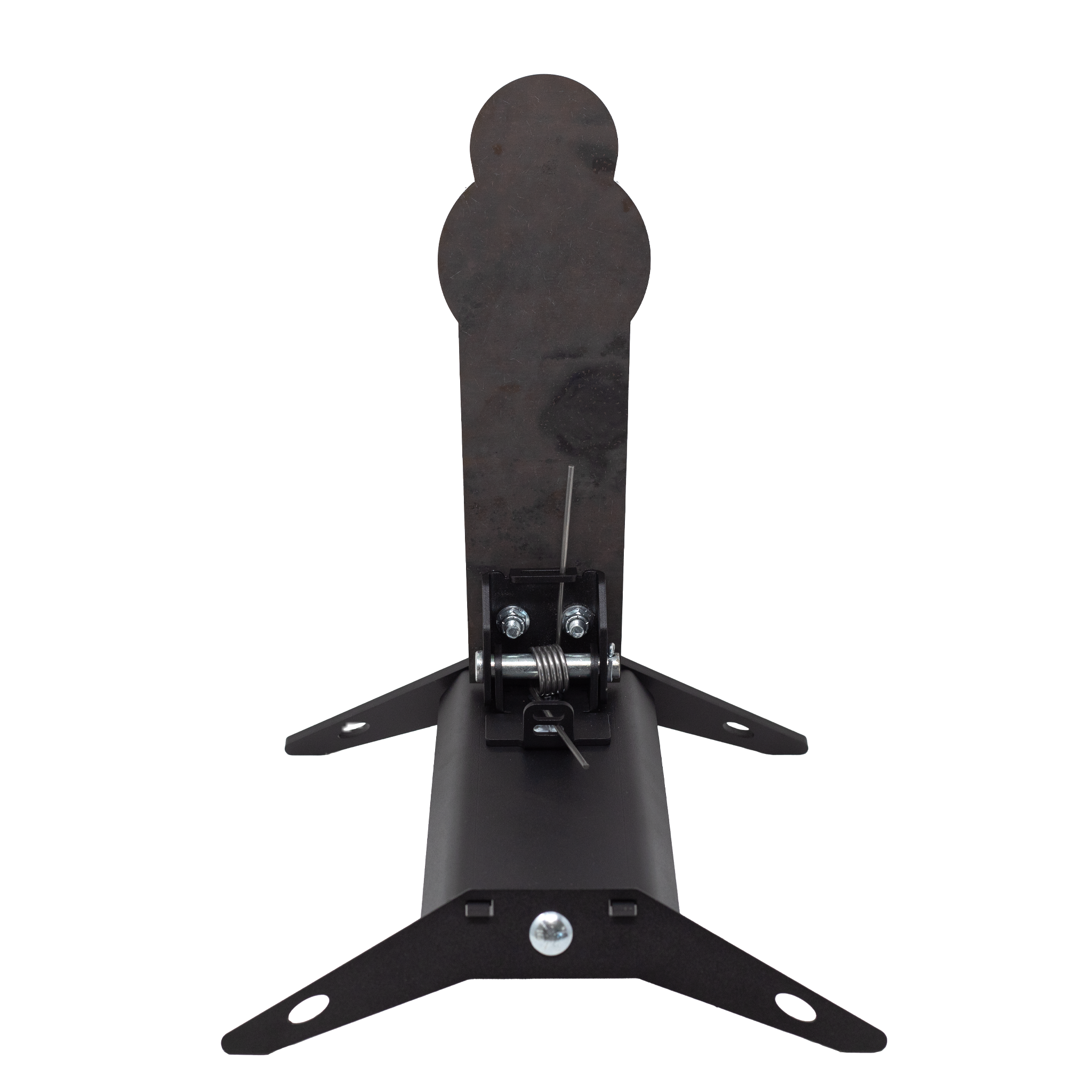 Backside of 12" 22LR steel spring popper target that resets itself when shot