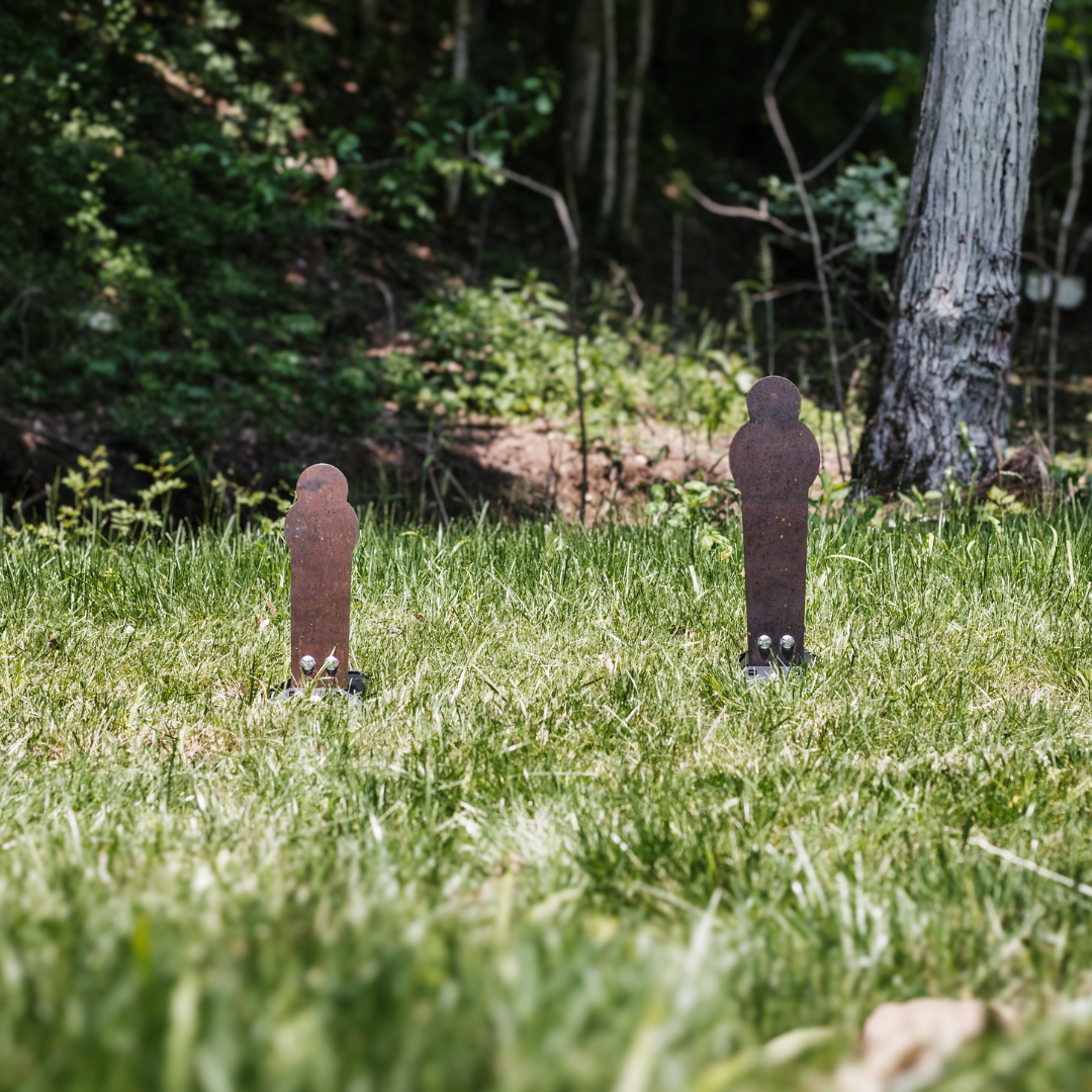 12 & 16" steel spring popper targets- showing the height difference