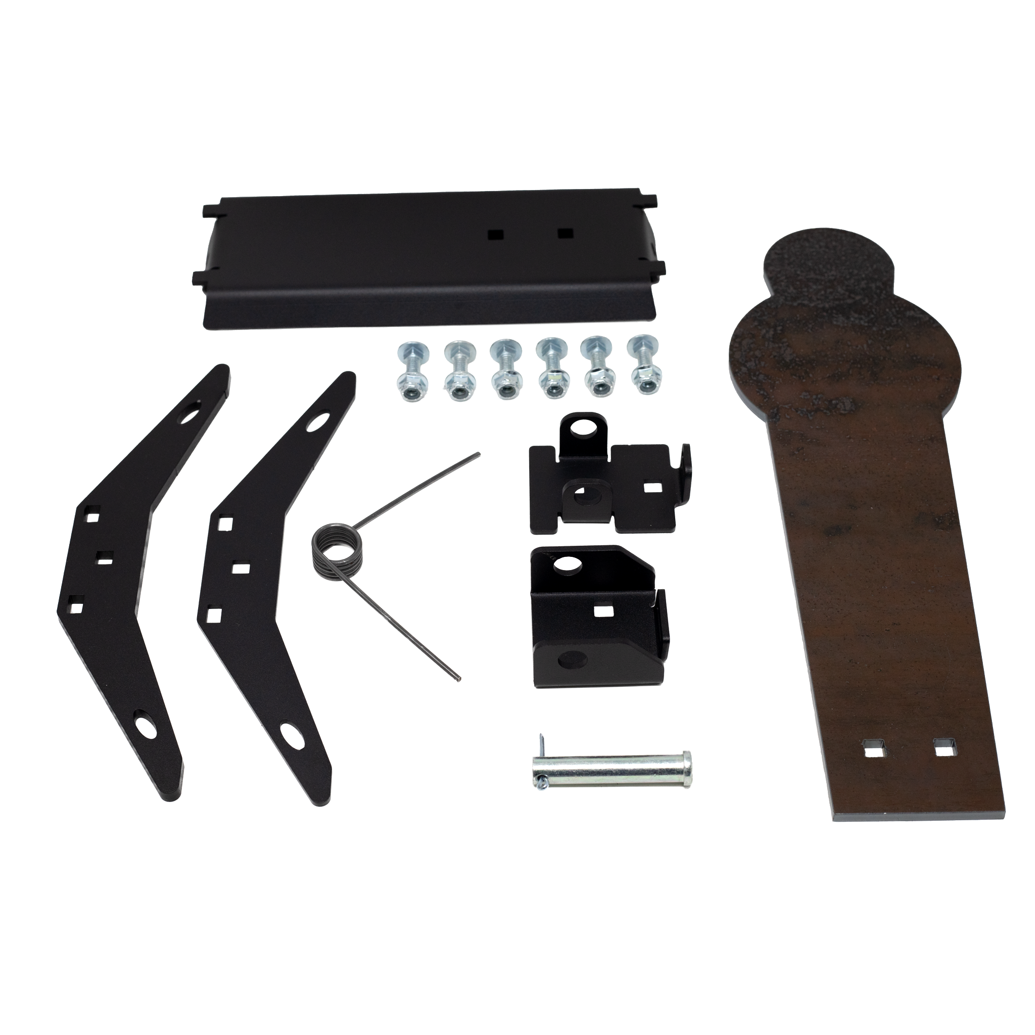 All of thehardware components including brackets and bolts plus the 16" steel rimfire target on a white background