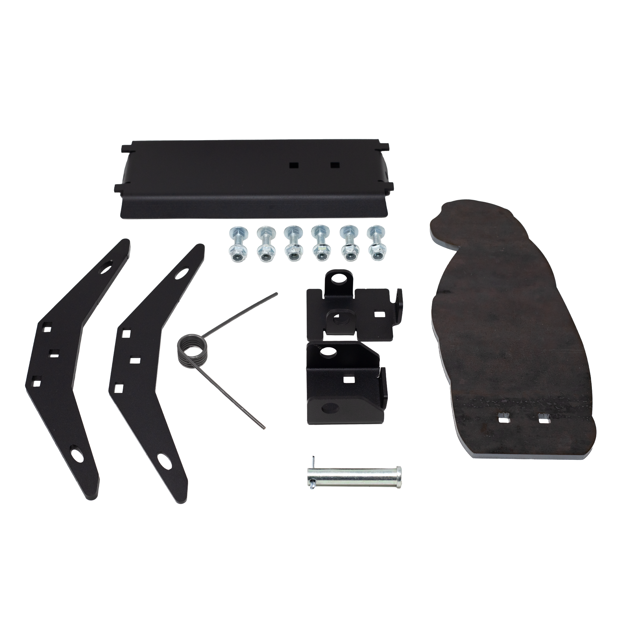 All of thehardware components including brackets and bolts plus the prairie dog shapped steel rimfire target on a white background