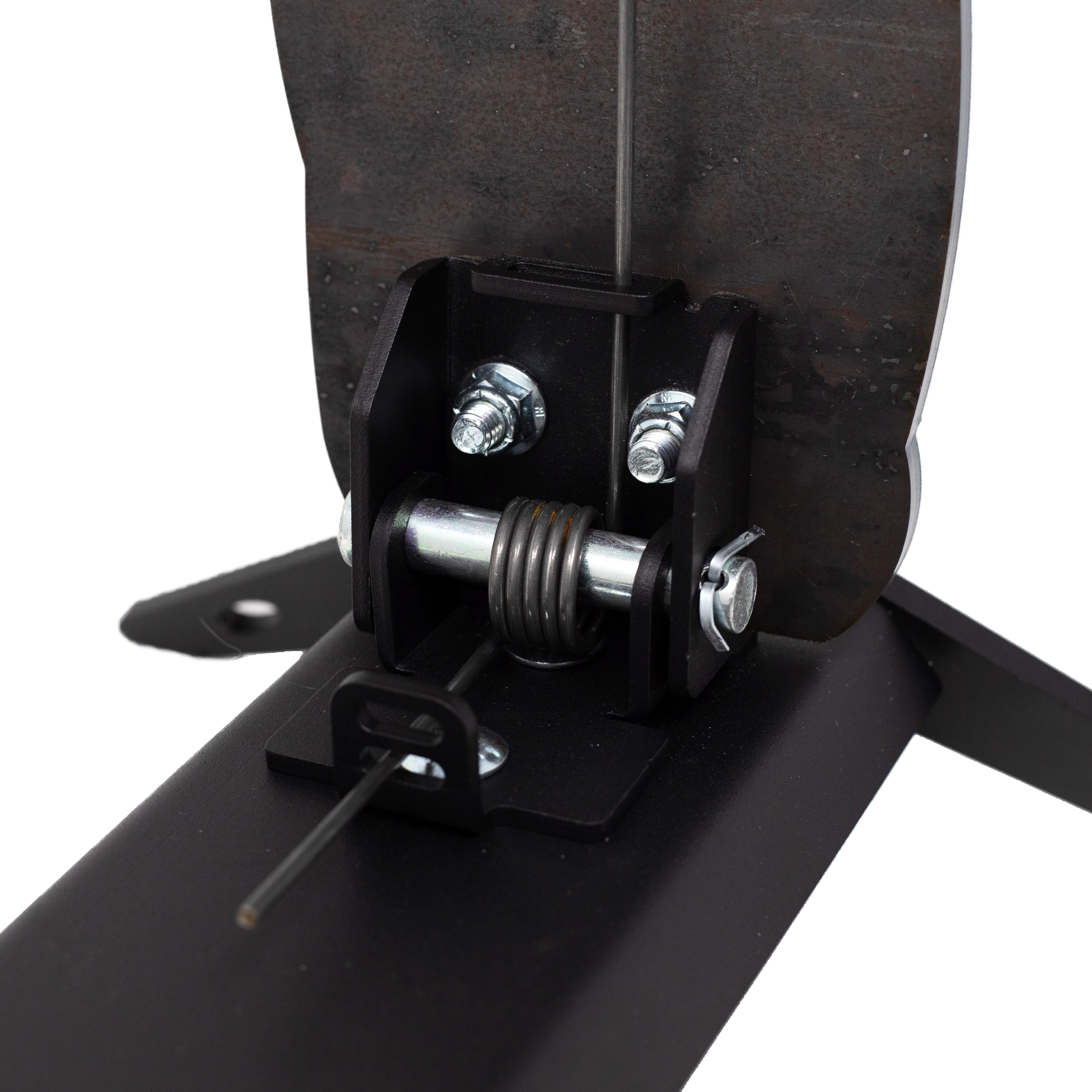 Uplose of how spring mounts into the back of the steel prairie dog spring popper target