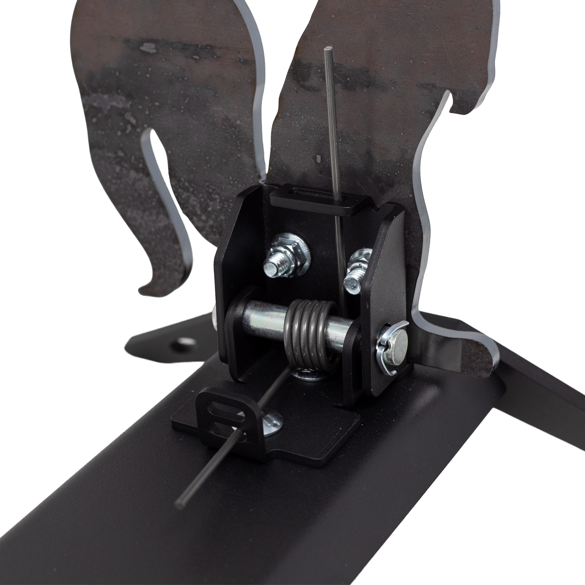 Close up shot of squirrel spring popper rimfire target showing how spring in mounted