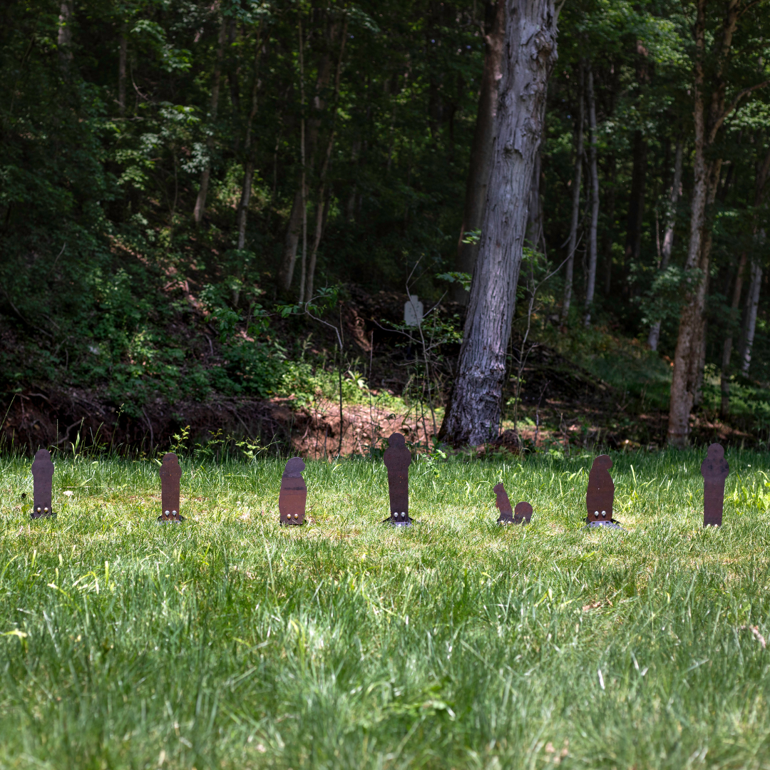 Assortment of rimfire steel popper targets in wooded area