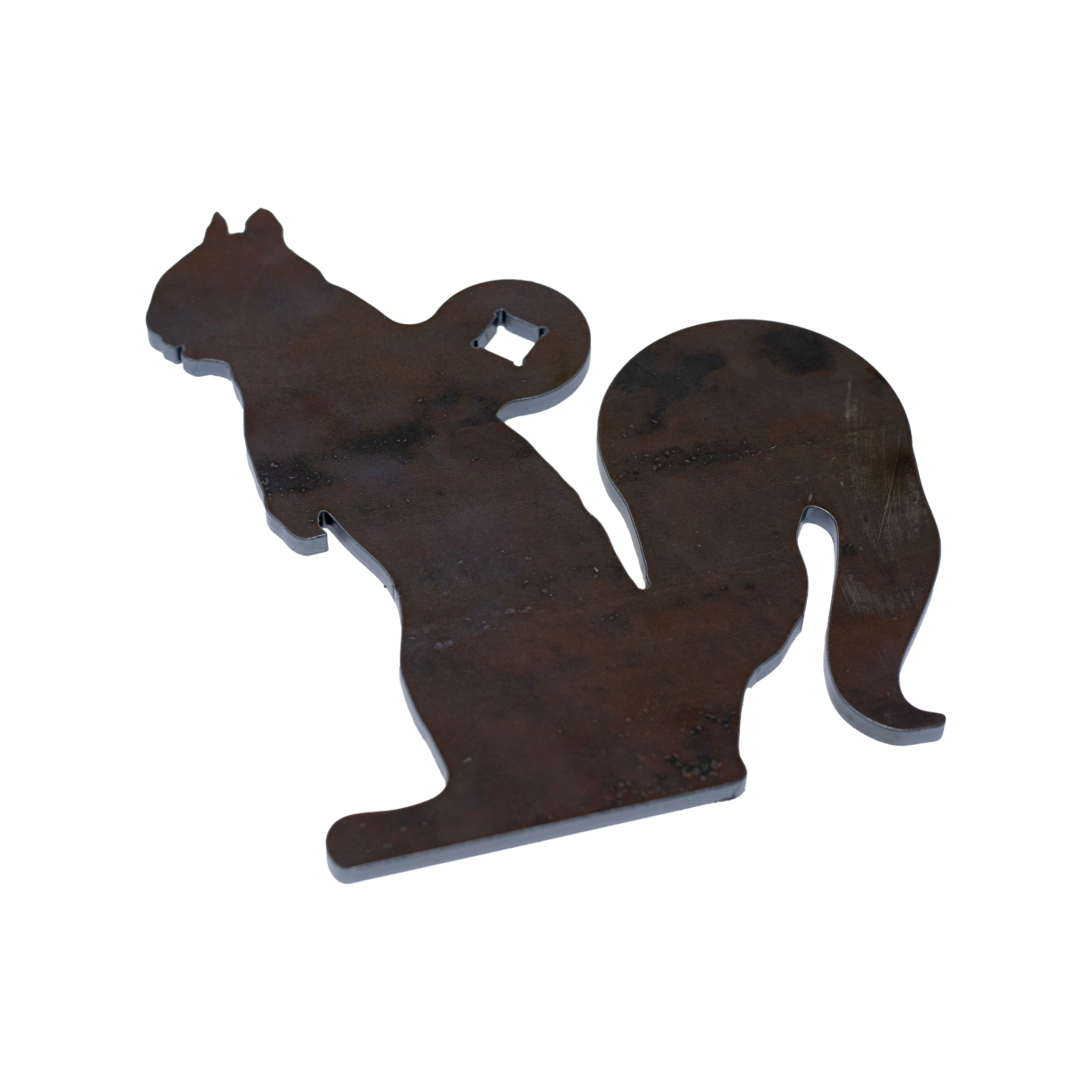 Raw squirrel steel gong rated for rimfire on a white background single square mounting whole in head of target