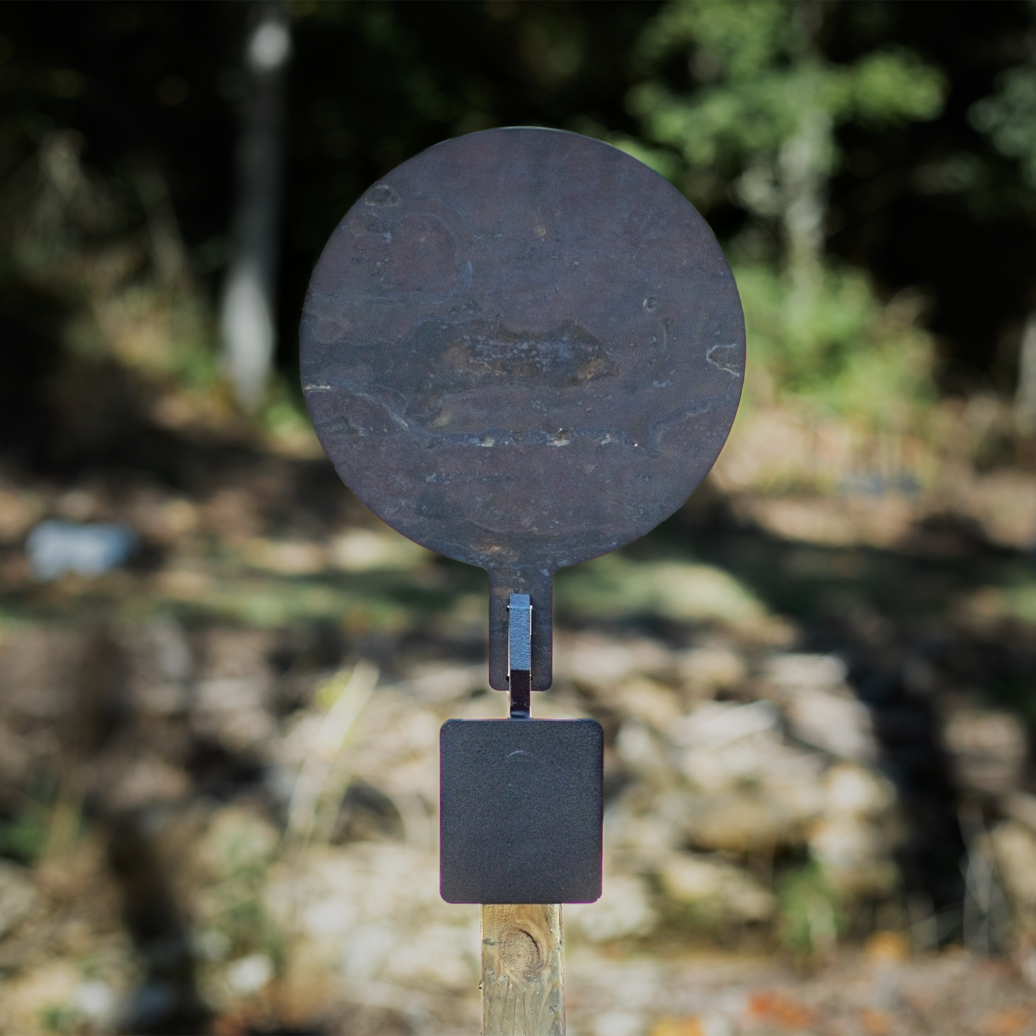 Front view of armored 2x4 knock down AR500 steel gong target with hanger powder coated black on a natrual background
