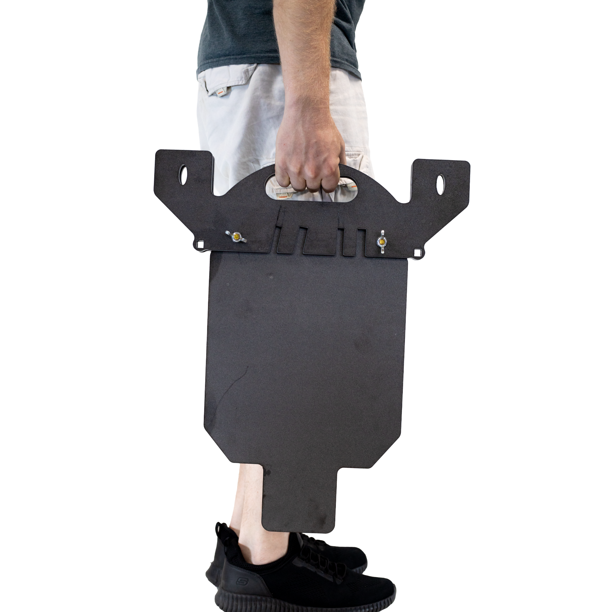 STeel target with modular stand that is dual purpose carrying handle, target is 12" wide x 20" tall