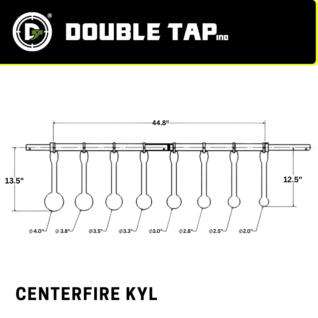 Drawing of a assembled KYL with measurements and Double Tap Ind. branding.