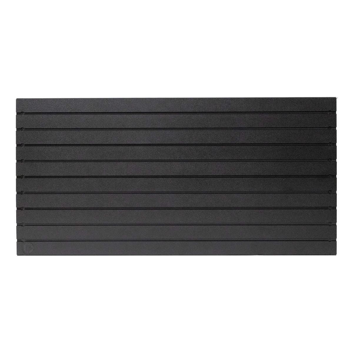 Black plastic tactical slat wall panel with small Double Tap Ind. logo cut into the surface of lower left corner, name of panel is Assault Wall on white background