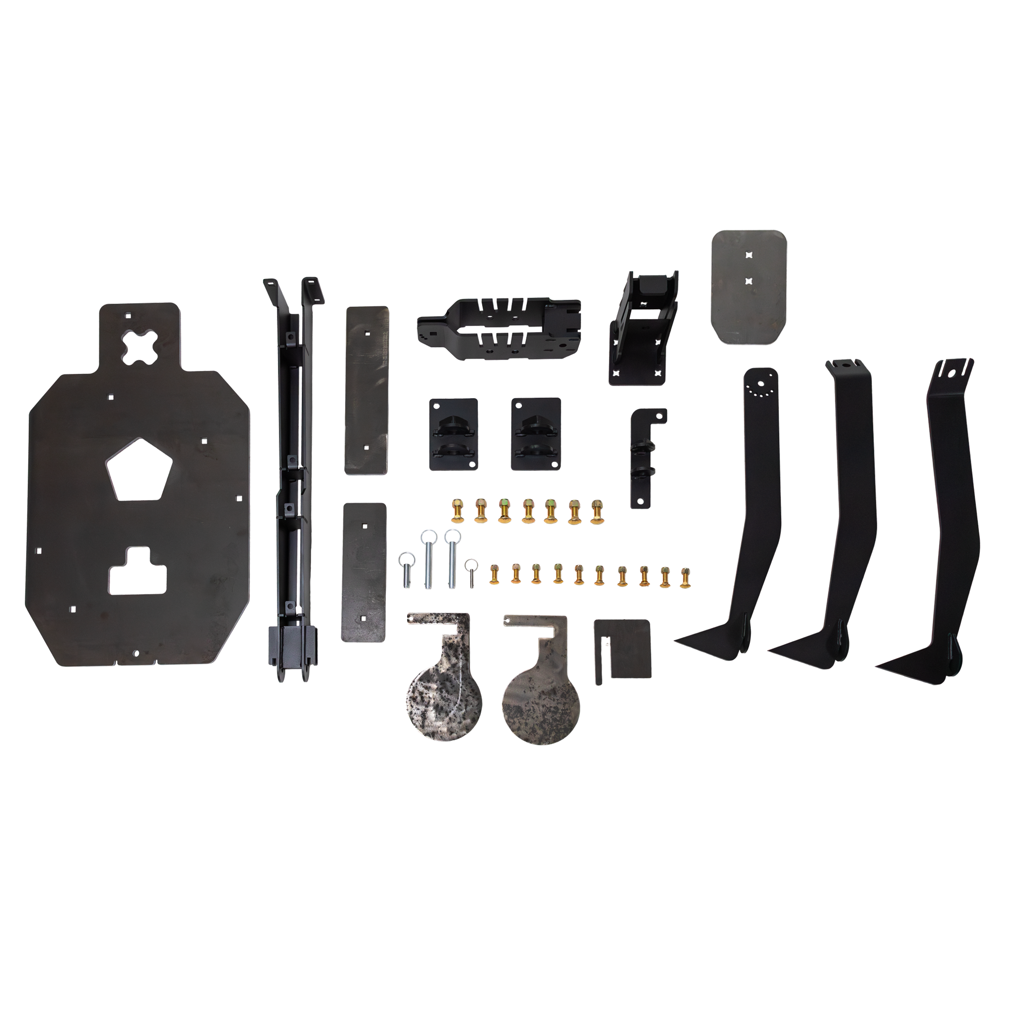 double tap industries unassembled components for the triple threat reactive steel silhouette target with armored stand kit on a white background