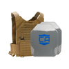 Coyote Tan Phantom carrier with two SAPI cut steel body armor plates with protective PolyShield anti-spall coating