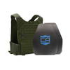 Olive Drab Green Phantom carrier with two shooters cut steel body armor plates with standard coating in black