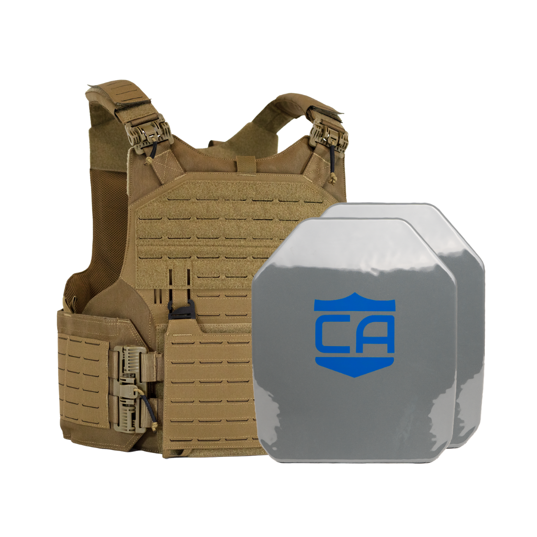 Tan M.O.D. carrier with two SAPI cut steel body armor plates with protective PolyShield anti-spall coating