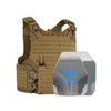 Tan M.O.D. carrier with a shooters & SAPI cut steel body armor plates with protective PolyShield anti-spall coating