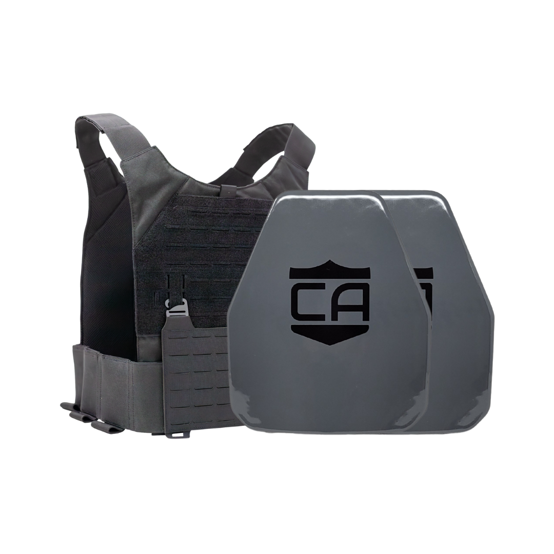 Black Phantom carrier with two AV2 shooters cut steel plates featuring protective PolyShield Spall Coating