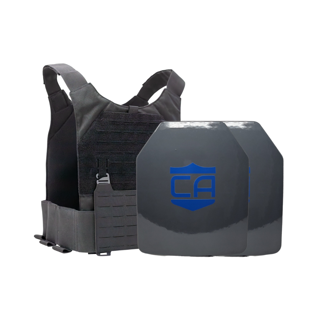 NIJ level IIIA/HG2 hard body armor package, SAPI cut plates with a Black Caliber Armor Phantom Low visibility plate carrier, on a white background