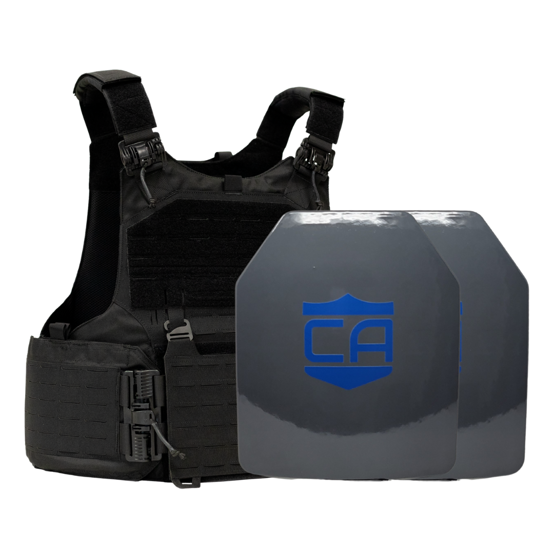 Black M.O.D. carrier with two HX Speed Plates, SAPI cut UHMWPE plates with waterproof coating