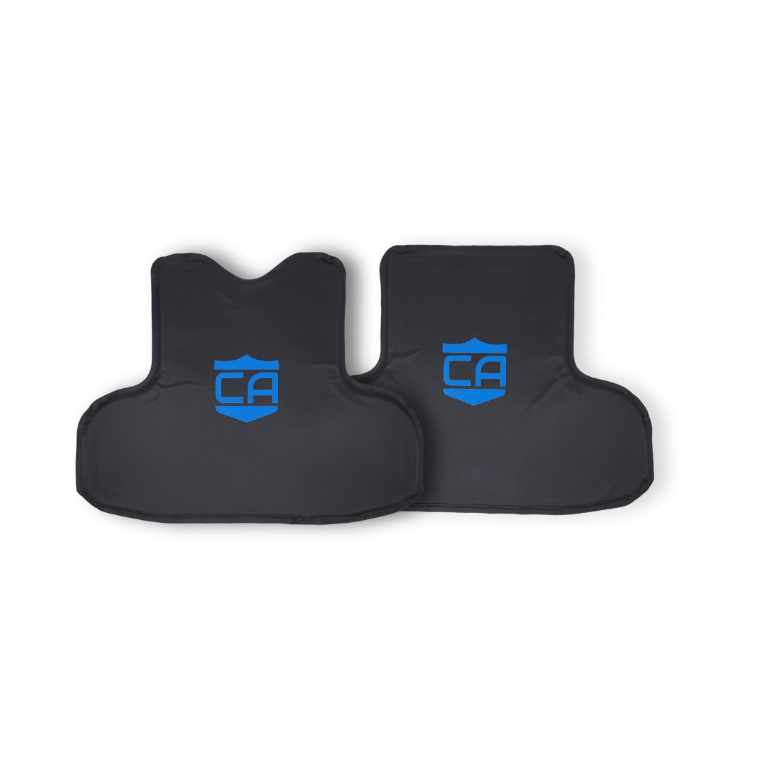Black CaliberX PRO Front & Rear NIJ Level IIIA HG2 Soft Body Armor Wraparound panels with blue CA Logo decals on a white background