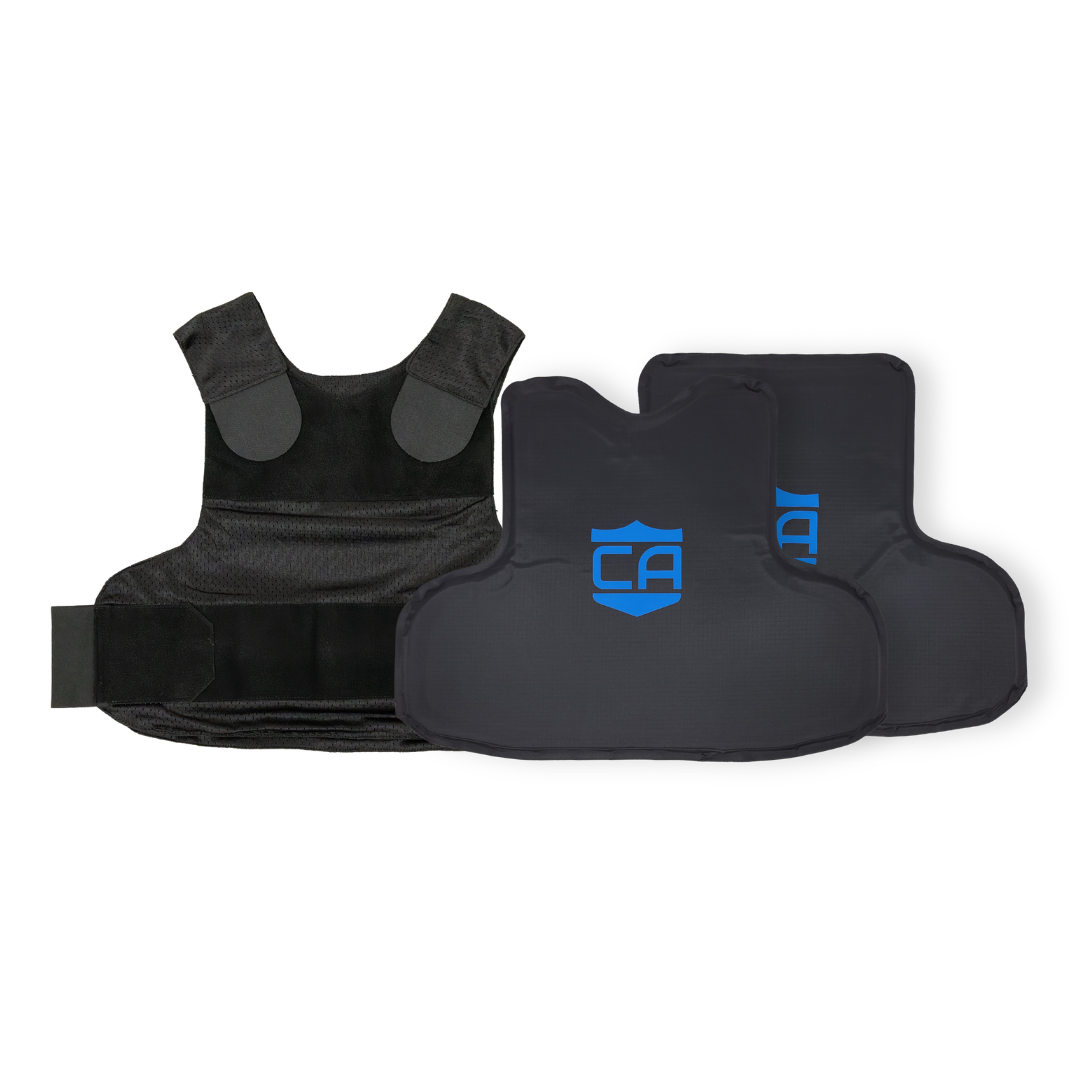 NIJ Level IIIA / HG2 CaliberX PRO Soft Body Armor Panels featuring a blue logo decal paired with a black concealable vest on a white background, used for lightweight ballistic protection