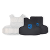 NIJ Level IIIA / HG2 CaliberX PRO Soft Body Armor Panels featuring a blue logo decal paired with a white concealable vest on a white background, used for lightweight ballistic protection
