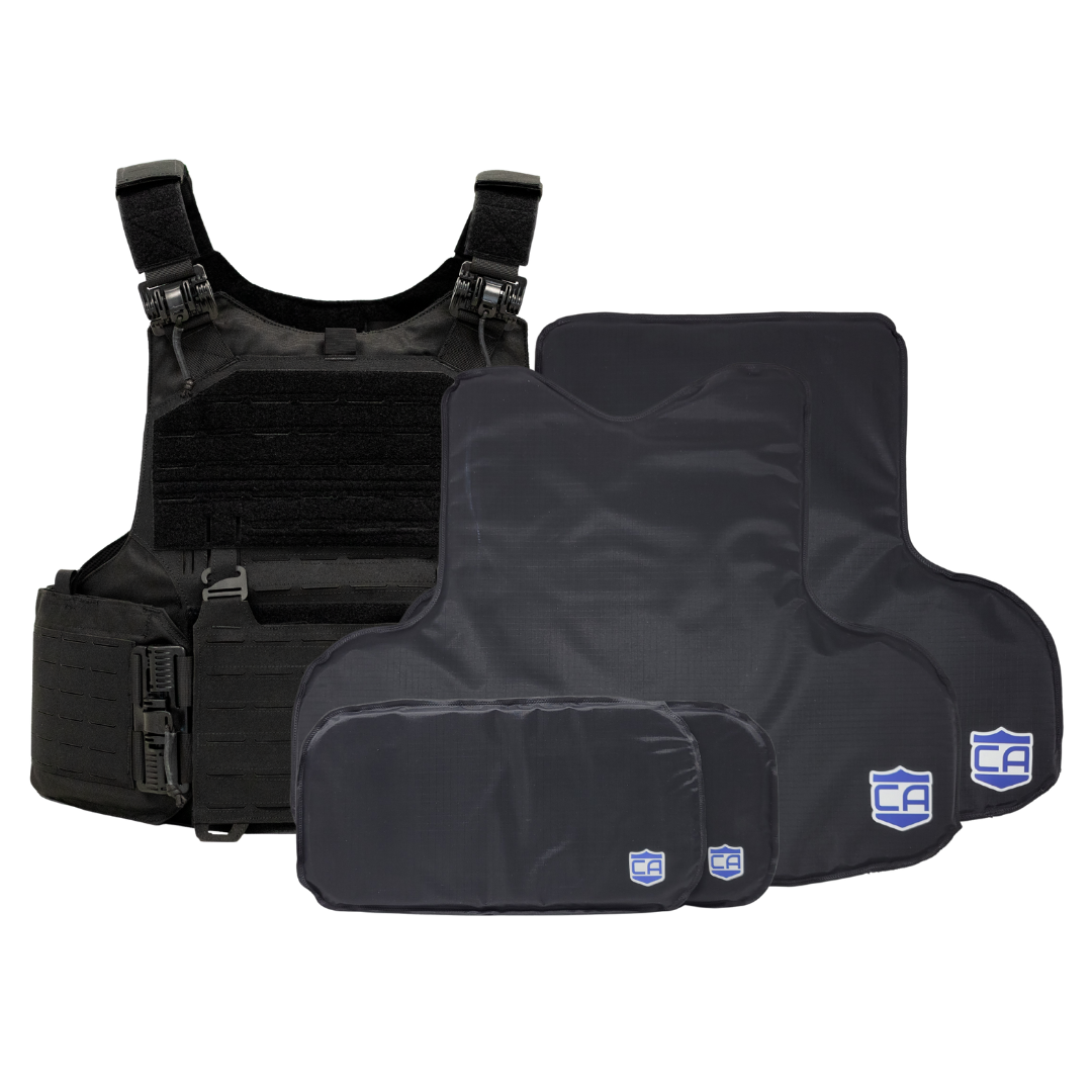Black M.O.D. plate carrier with CaliberX soft wrap around body armor panels & soft armor side panels