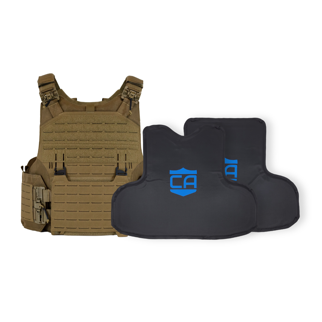 Coyote Tan M.O.D. plate carrier with CaliberX PRO soft wraparound body armor panels on a white background