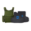 OD Green M.O.D. plate carrier with CaliberX PRO soft wraparound body armor panels on a white background