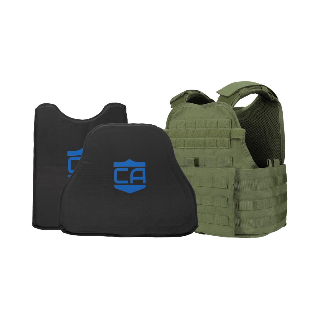 OD Green Condor Outdoor MOPC plate carrier with two CaliberX PRO Soft Armor wrapaound panels with blue CA decals - NIJ Level IIIA HG2 on a white background